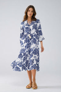 Q2 Women's Dress Boho Maxi Dress With Balloon Sleeves And Leaf Print In Navy And White