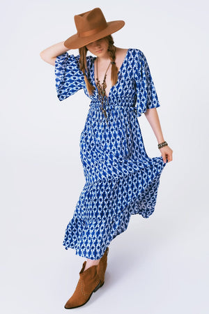 Q2 Women's Dress Boho Print Maxi Dress C\Crossed On The Back