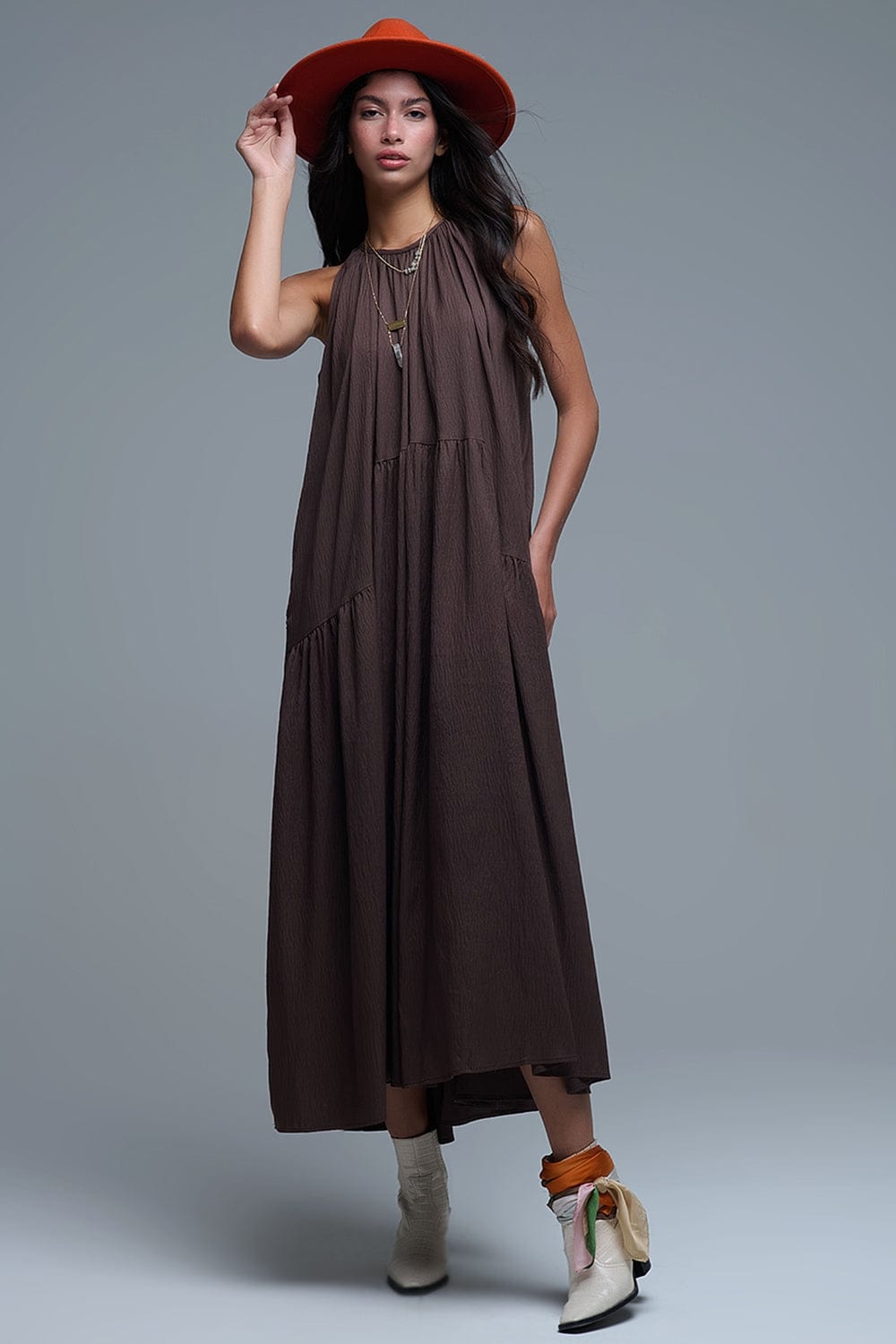 Q2 Women's Dress Brown Halter Neck Maxi Dress With Seam Detailing