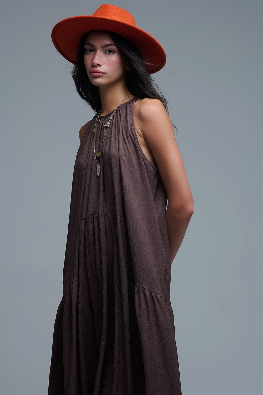 Q2 Women's Dress Brown Halter Neck Maxi Dress With Seam Detailing