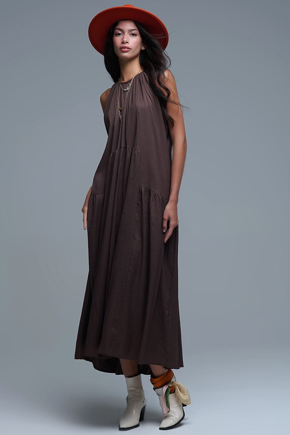 Q2 Women's Dress Brown Halter Neck Maxi Dress With Seam Detailing