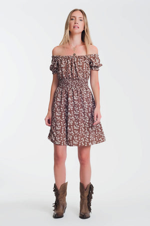 Q2 Women's Dress Brown mini bardot dress in floral print