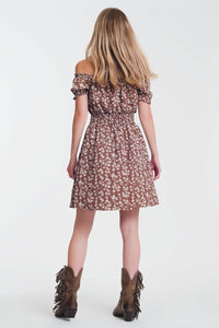 Q2 Women's Dress Brown mini bardot dress in floral print