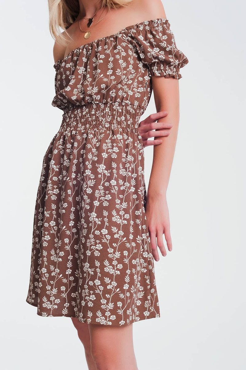 Q2 Women's Dress Brown mini bardot dress in floral print