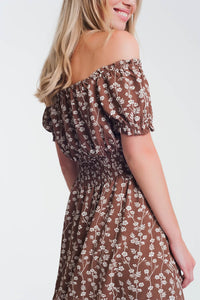 Q2 Women's Dress Brown mini bardot dress in floral print