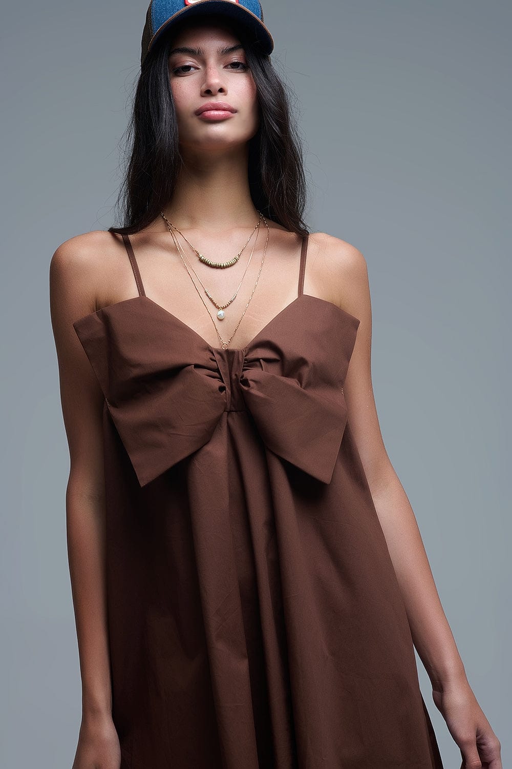 Q2 Women's Dress Brown Poplin Mini Dress With A Big Bow Detail