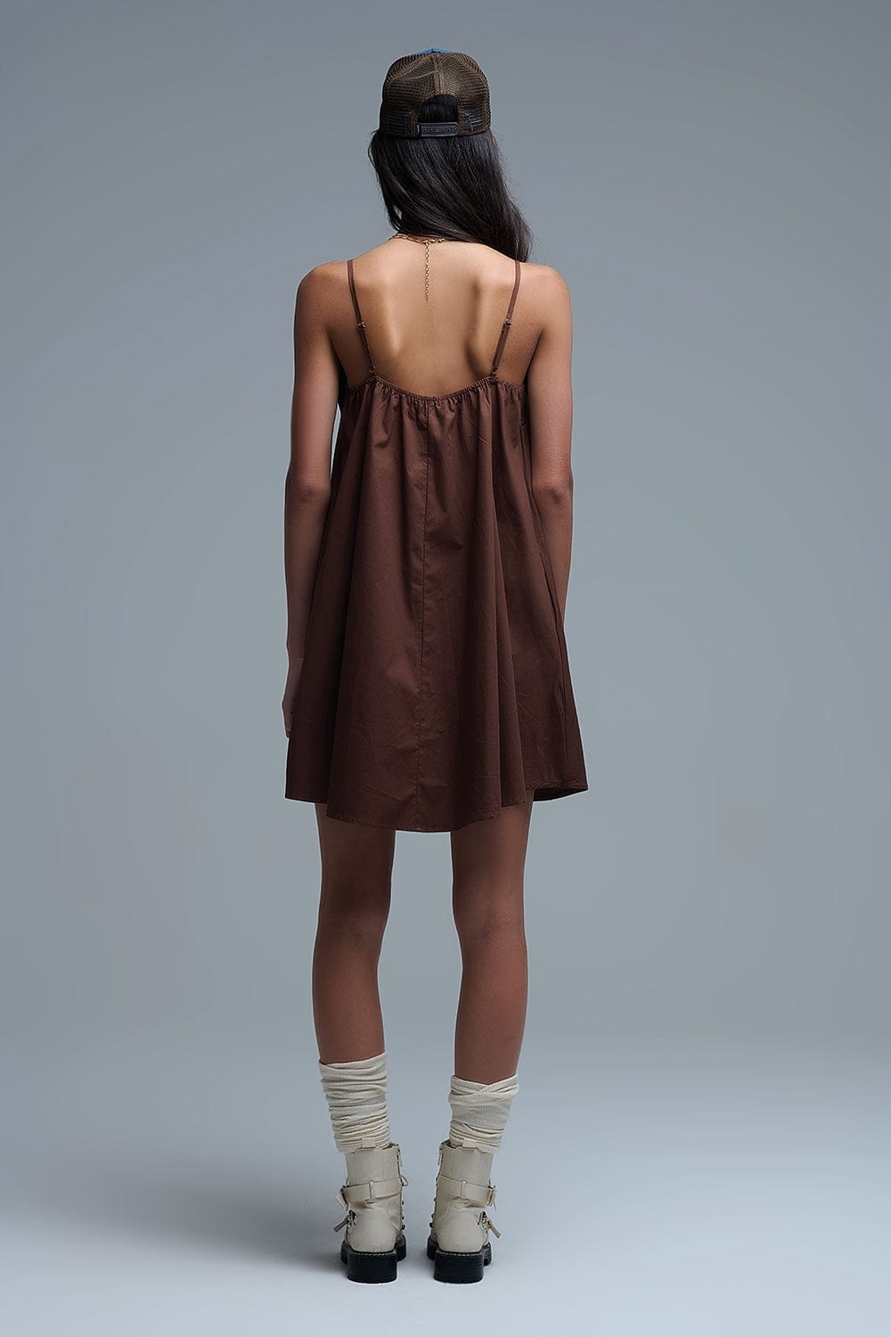 Q2 Women's Dress Brown Poplin Mini Dress With A Big Bow Detail