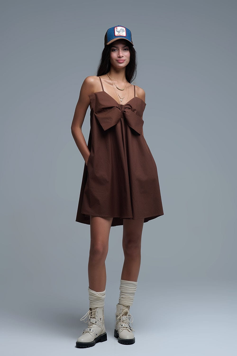 Q2 Women's Dress Brown Poplin Mini Dress With A Big Bow Detail