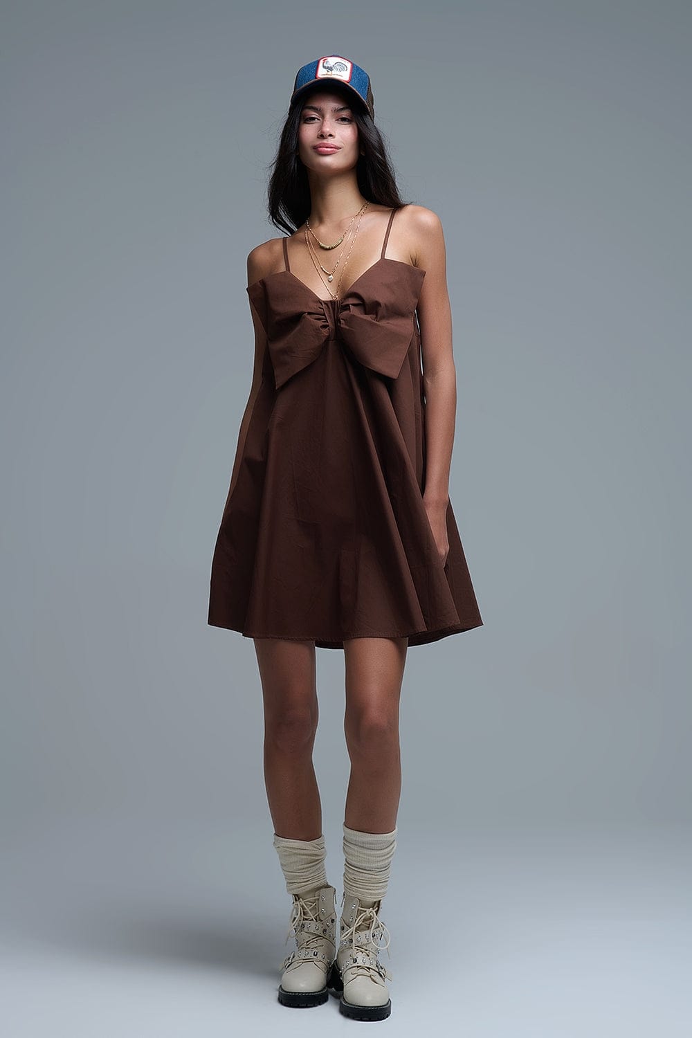 Q2 Women's Dress Brown Poplin Mini Dress With A Big Bow Detail