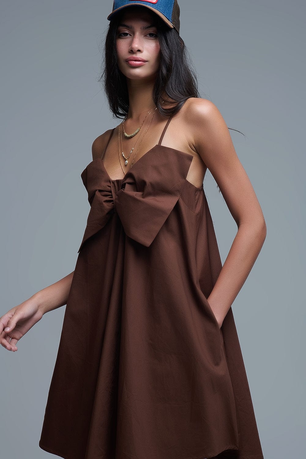 Q2 Women's Dress Brown Poplin Mini Dress With A Big Bow Detail