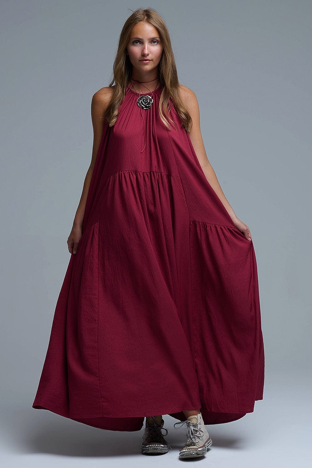 Q2 Women's Dress Burgundy Halter Neck Maxi Dress With Seam Detailing