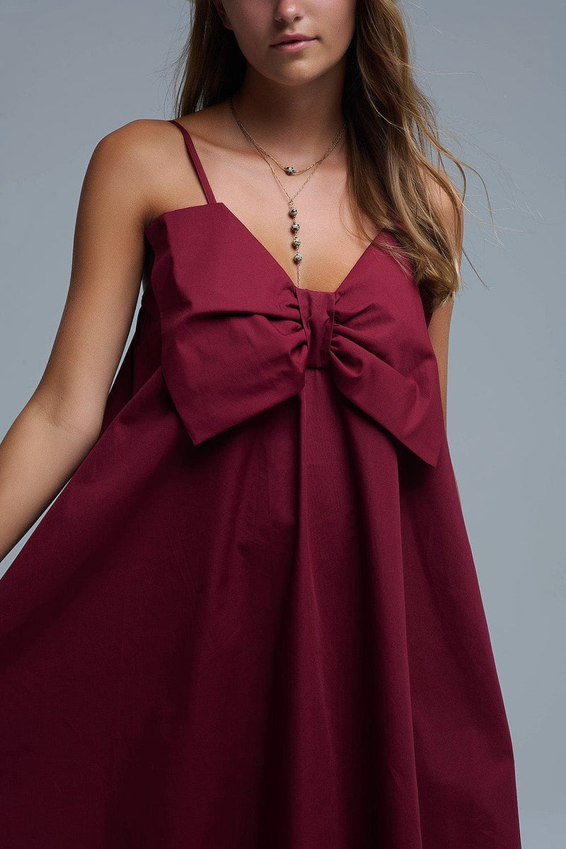 Q2 Women's Dress Burgundy Poplin Mini Dress With A Big Bow Detail
