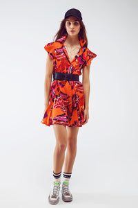 Q2 Women's Dress Button Down Skater Frilly Dress In Orange Floral Abstract Print