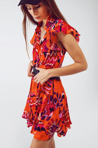 Q2 Women's Dress Button Down Skater Frilly Dress In Orange Floral Abstract Print