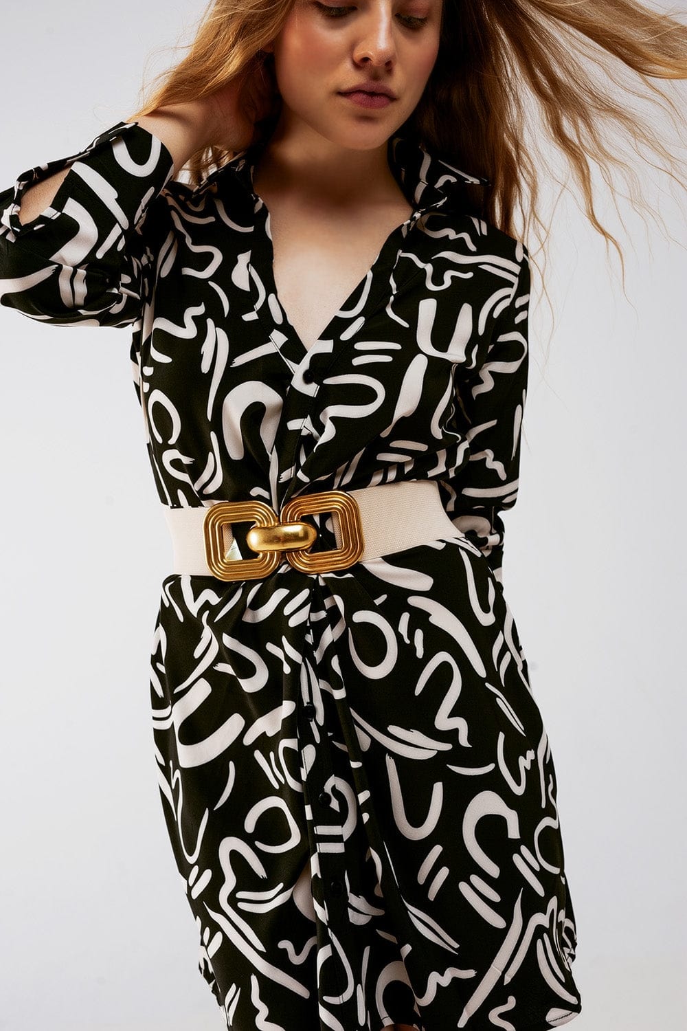 Q2 Women's Dress Button Front Mini Shirt Dress in Black
