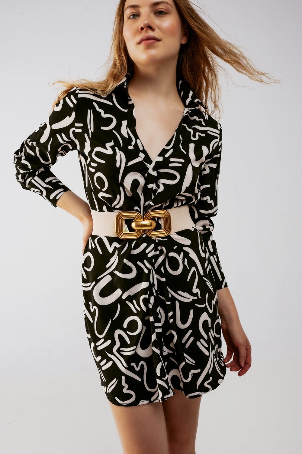 Q2 Women's Dress Button Front Mini Shirt Dress in Black