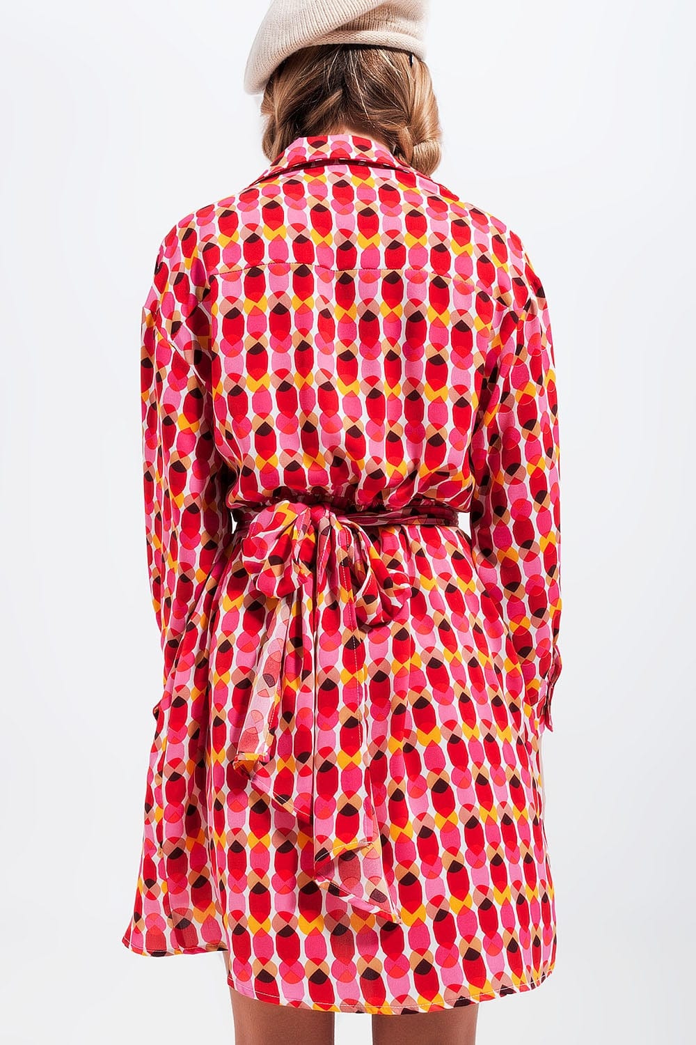 Q2 Women's Dress Button Front Tie Waist Printed Dress in Red