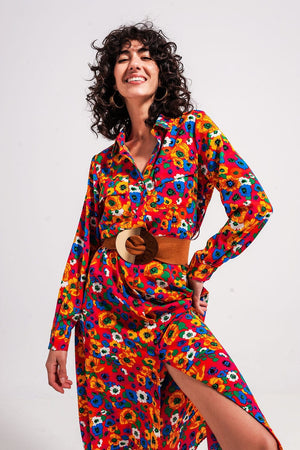 Q2 Women's Dress Button Through Maxi Shirt Dress in Bloom Print