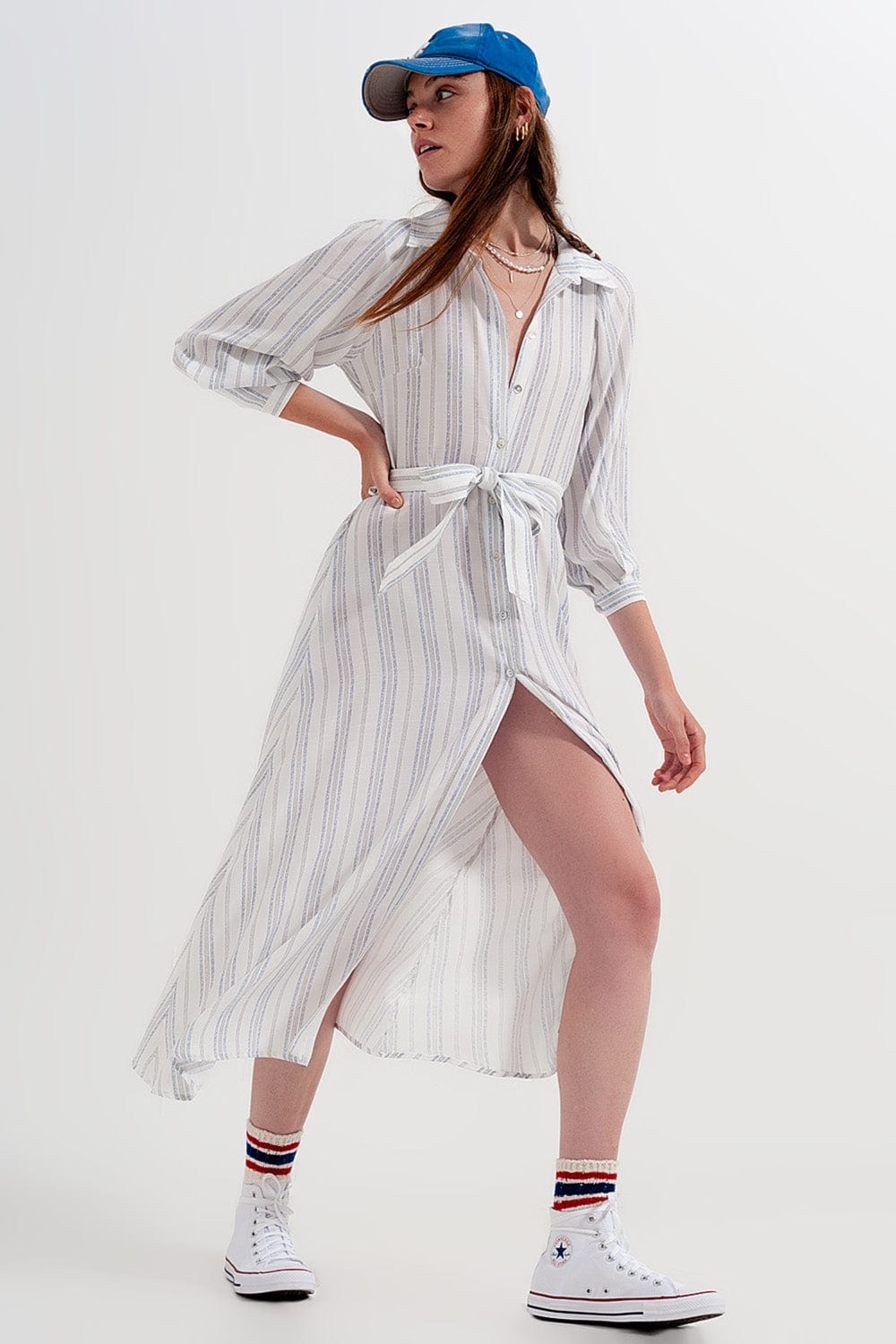 Q2 Women's Dress Button Through Smock Midi Dress in Stripe