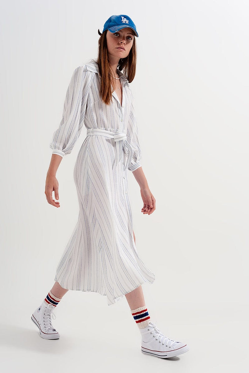 Q2 Women's Dress Button Through Smock Midi Dress in Stripe