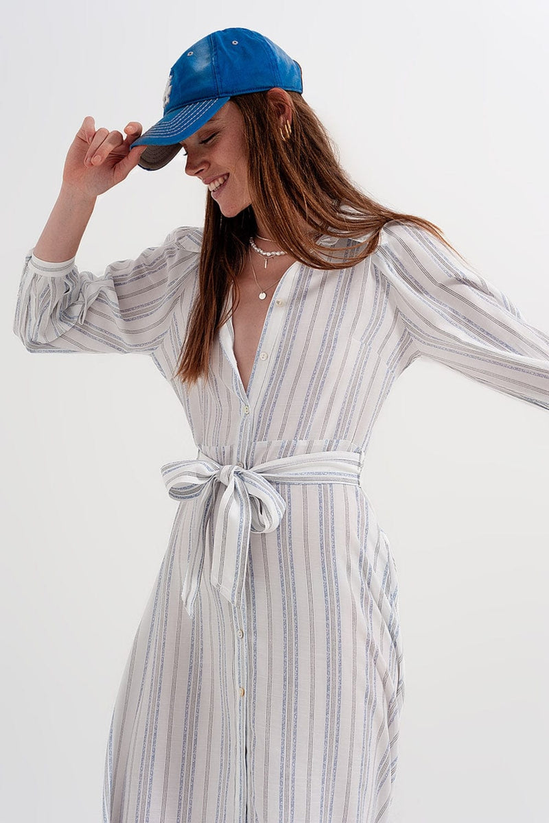 Q2 Women's Dress Button Through Smock Midi Dress in Stripe