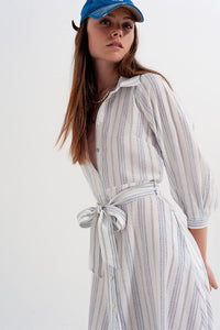 Q2 Women's Dress Button Through Smock Midi Dress in Stripe