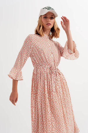 Q2 Women's Dress Buttoned Midi Dress with High Collar in Floral Print Coral