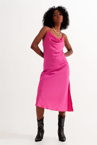 Q2 Women's Dress Cami Midi Slip Dress in High Shine Satin in Fuchsia