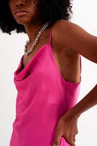 Q2 Women's Dress Cami Midi Slip Dress in High Shine Satin in Fuchsia