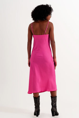 Q2 Women's Dress Cami Midi Slip Dress in High Shine Satin in Fuchsia