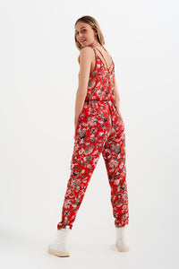 Q2 Women's Dress Cami Strap Jumpsuit in Red Floral Print