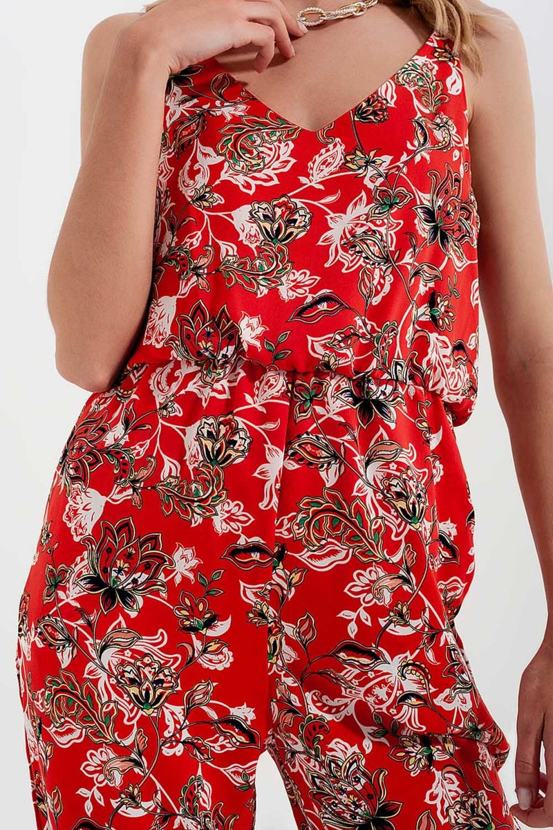 Q2 Women's Dress Cami Strap Jumpsuit in Red Floral Print