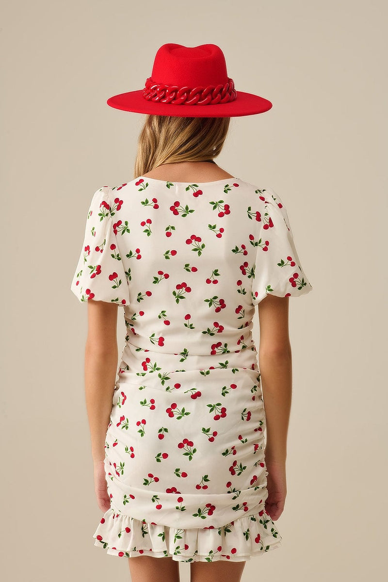 Q2 Women's Dress Cherry Puff Sleeve Mini Dress