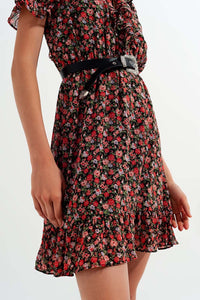 Q2 Women's Dress Chiffon Dress with Keyhole Back in Black Floral