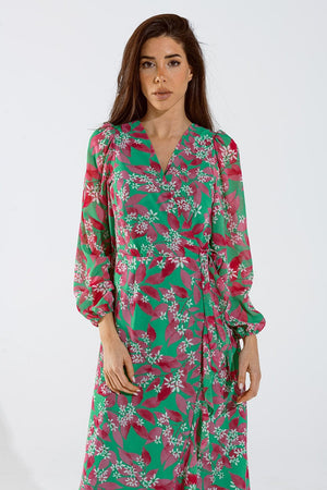 Q2 Women's Dress Chiffon Maxi Dress With Floral Print In Green