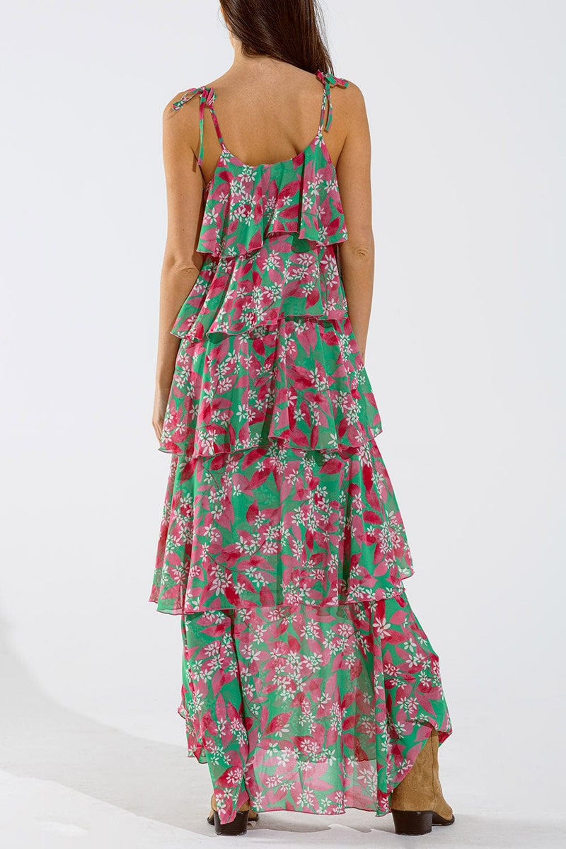 Q2 Women's Dress Chiffon Ruche Layered Maxi Dress With Floral Design