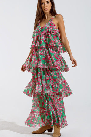 Q2 Women's Dress Chiffon Ruche Layered Maxi Dress With Floral Design