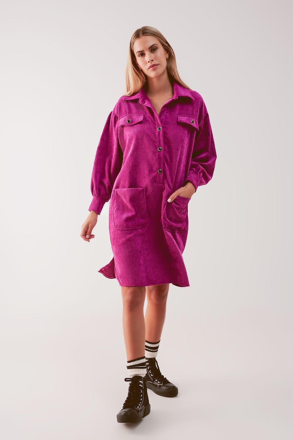 Q2 Women's Dress Cord Mini Shirt Dress in Fuchsia