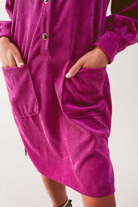 Q2 Women's Dress Cord Mini Shirt Dress in Fuchsia