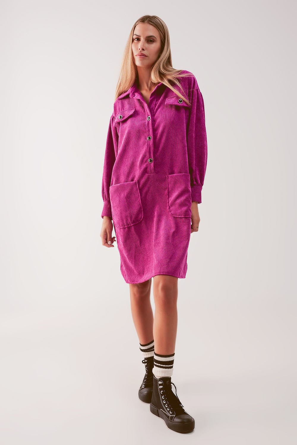 Q2 Women's Dress Cord Mini Shirt Dress in Fuchsia
