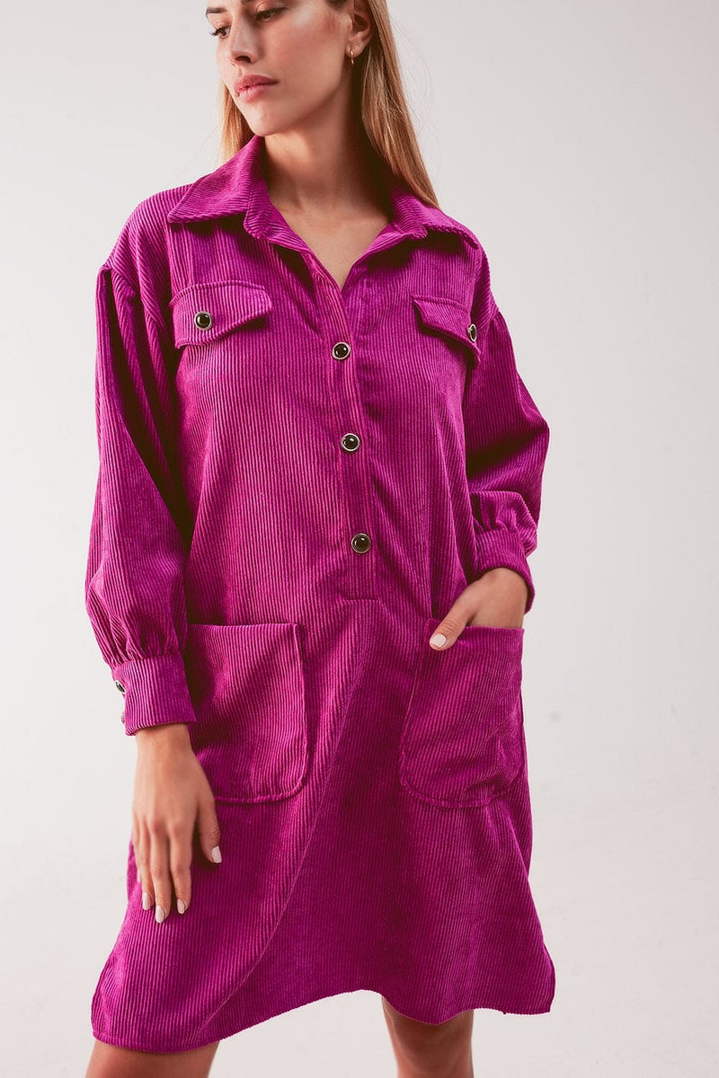 Q2 Women's Dress Cord Mini Shirt Dress in Fuchsia