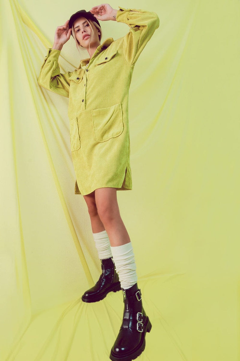 Q2 Women's Dress Cord Mini Shirt Dress in Lime