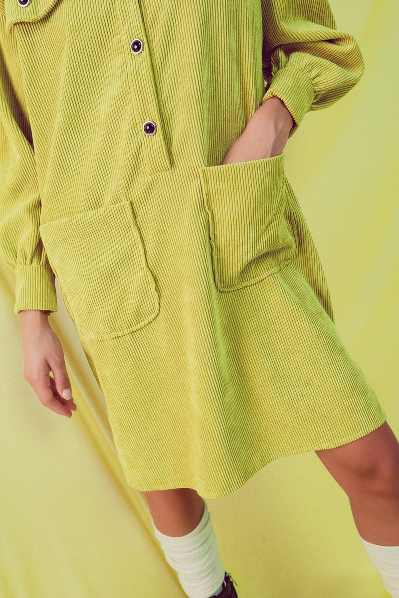 Q2 Women's Dress Cord Mini Shirt Dress in Lime