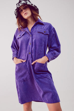 Q2 Women's Dress Cord Mini Shirt Dress in Purple