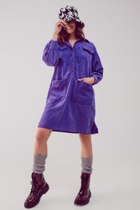 Q2 Women's Dress Cord Mini Shirt Dress in Purple