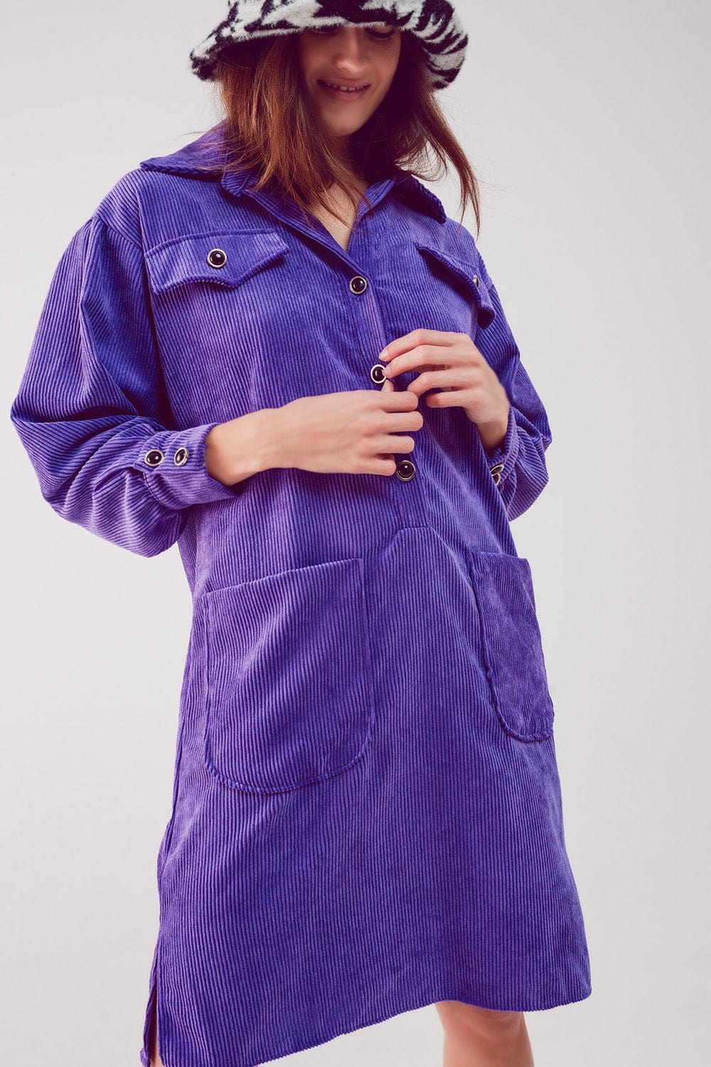 Q2 Women's Dress Cord Mini Shirt Dress in Purple