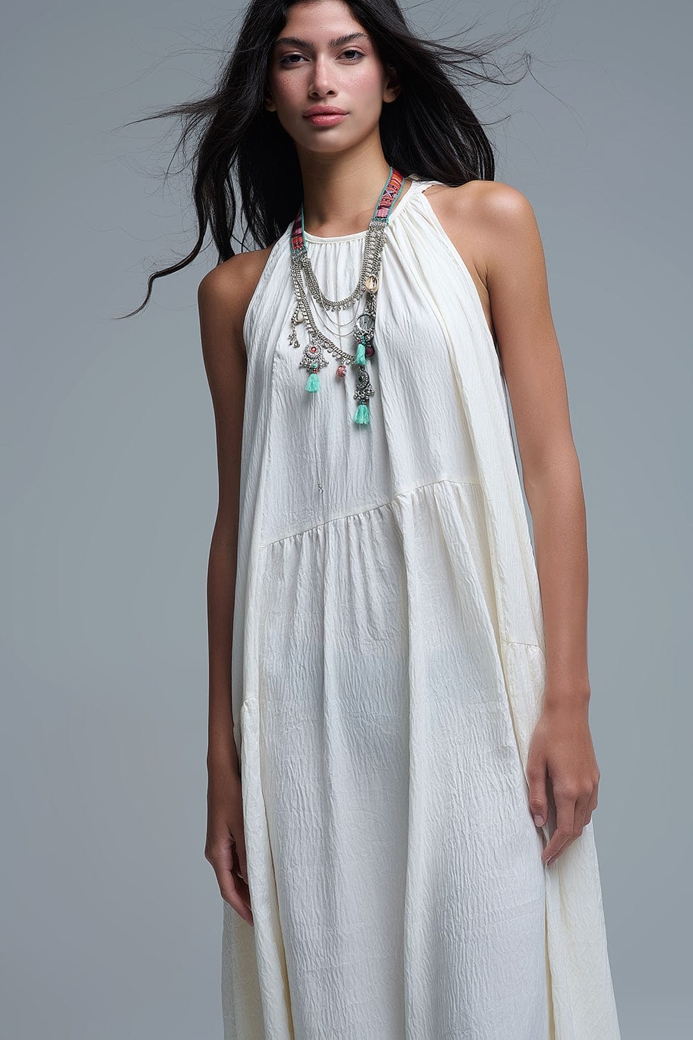 Q2 Women's Dress Cream Halter Neck Maxi Dress With Seam Detailing