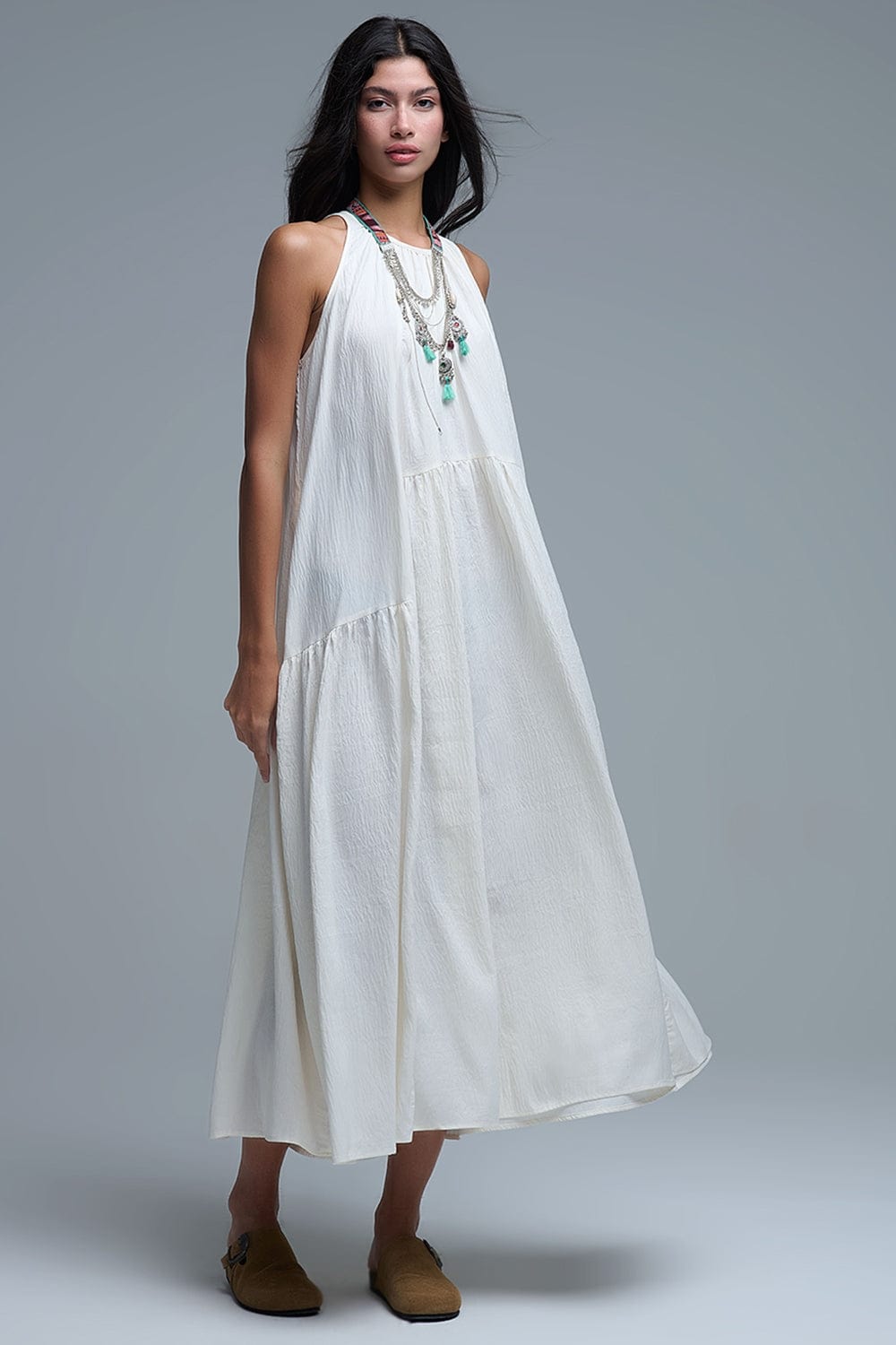 Q2 Women's Dress Cream Halter Neck Maxi Dress With Seam Detailing