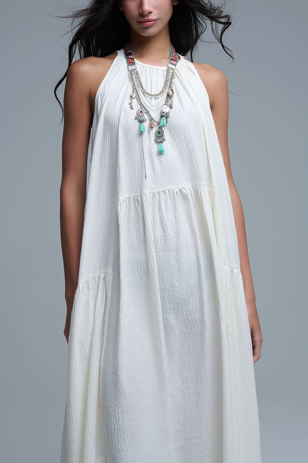 Q2 Women's Dress Cream Halter Neck Maxi Dress With Seam Detailing