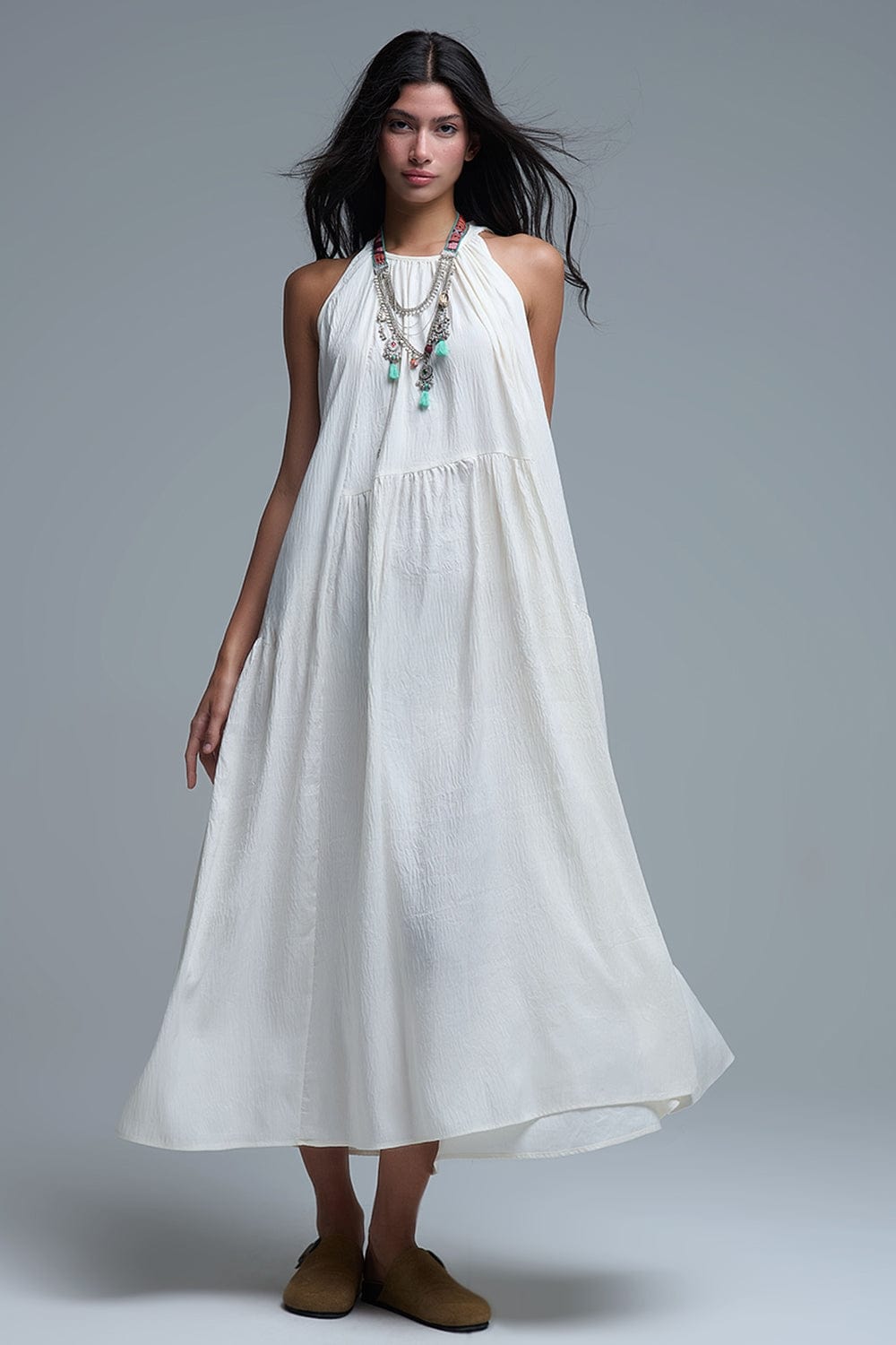 Q2 Women's Dress Cream Halter Neck Maxi Dress With Seam Detailing
